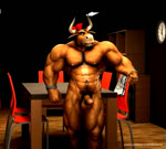 abs anthro backwards_baseball_cap backwards_hat balls baseball_cap biceps black_hair chair clock clothing deltoids dimly_lit erection flexing flexing_bicep fur furniture genitals hair hat hat_only headgear headgear_only headwear headwear_only horn humanoid_genitalia humanoid_penis inside looking_at_viewer male mostly_nude muscular muscular_male muscular_thighs nipple_fetish nipple_pinch nipple_play nipples nude one_eye_closed orange_body orange_fur pecs pelvic_thrust penis pinch ponytail pubes quads red_baseball_cap shelf shirt_on_chair solo table wink wristband braford minotaur_march oscar_(braford) bovid bovine cattle mammal 2019 3d_(artwork) 3d_animation animated digital_media_(artwork) low_res no_sound short_playtime webm