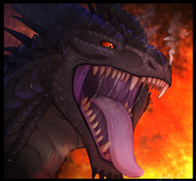 ambiguous_gender black_body black_scales bodily_fluids fangs feral fire gaping_mouth horn mouth_shot open_mouth orange_eyes saliva saliva_on_tongue saliva_string scales sharp_teeth solo steam teeth tongue tongue_out acidic mythology dragon mythological_creature mythological_scalie scalie 2015 digital_media_(artwork)