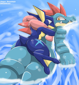 ambiguous/ambiguous ambiguous_gender anthro bodily_fluids duo eyes_closed open_mouth sweat type nintendo pokemon feraligatr generation_2_pokemon generation_6_pokemon greninja pokemon_(species) 2015 hi_res