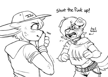 ambiguous_gender angry annoyed anthro belt belt_buckle blush blush_lines bodily_fluids braces buckle clothing collar crop_top dialogue duo eyelashes female female_anthro fist freckled_arms freckled_face freckled_shoulders freckles hair hair_over_eye hat headgear headwear heart_(marking) hoodie loli long_ears long_eyelashes looking_at_another markings midriff motion_lines navel pose saliva shirt simple_background skull_accessory tail talking_to_another text topwear torn_clothing white_background young young_anthro young_female cobalt_snow conditional_dnp ellie_(cobalt_snow) lotte_(cobalt_snow) canid canine canis domestic_dog mammal detailed digital_drawing_(artwork) digital_media_(artwork) english_text monochrome