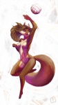 anthro ball biped breasts brown_body brown_fur brown_hair casual_nudity female fluffy fluffy_tail fur green_eyes hair jumping navel nipples nude open_mouth pink_nipples simple_background solo sport tail volleyball_(ball) white_background dorgrim cornelius_(commissioner) ninu_kenage canid canine fox mammal hi_res