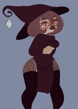anthro beak black_clothing black_legwear bottomwear breasts brown_beak brown_hair clothing dress eyelashes eyewear female fishnet_clothing fishnet_legwear glasses grey_background hair hat headgear headwear legwear loincloth magic_user medium_breasts pink_eyes red_clothing red_dress red_eyewear red_glasses red_hat red_headwear simple_background solo standing witch witch_hat cottonwaffle avian bird