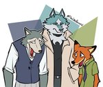 anthro blue_body blue_fur clothed clothing fur green_clothing green_shirt green_topwear grey_body grey_fur group hand_in_pocket laugh male necktie open_mouth orange_body orange_fur pockets shirt simple_background topwear unimpressed white_background limehazard beastars brand_new_animal disney laughing_wolves_meme studio_trigger zootopia legoshi_(beastars) nick_wilde shirou_ogami canid canine canis fox mammal red_fox true_fox wolf 2020 crossover meme