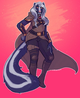 anthro armor assassin clothed clothing fangs female fur hair looking_at_viewer simple_background smile solo standing teeth white_hair heartspark eve_hawthorne mammal mephitid skunk striped_skunk vampire 2016 absurd_res digital_media_(artwork) hi_res