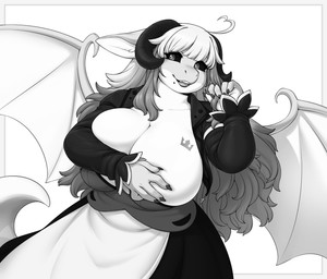 anthro big_breasts biped breast_squish breasts clothed clothing female fingers hair hand_on_breast holding_breast huge_breasts membrane_(anatomy) membranous_wings non-mammal_breasts pupils smile solo squish wide_hips wings iriedono mythology dragon mythological_creature mythological_scalie scalie hi_res monochrome