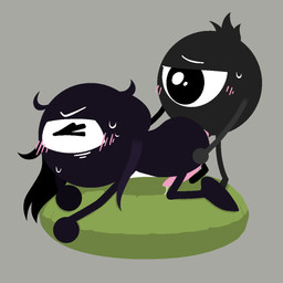 1_eye anal anal_penetration black_body blush bodily_fluids butt butt_grab chest_markings cushion doggystyle duo from_behind_position furrowed_eyebrows genital_fluids genitals grey_background hair hand_on_butt head_tuft leaking_precum male male/male markings messy_hair narrowed_eyes penetration penile penile_penetration penis penis_in_ass pillow pillow_grab pink_blush pink_penis precum sex simple_background size_difference small_top_big_bottom squint sweat sweatdrop tuft archfiendofpurity hatapon hero_(patapon) humanoid patapon_(tribe) aliasing digital_media_(artwork) lineless