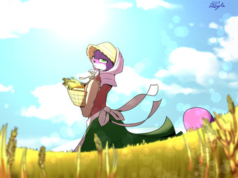 anthro apron basket breasts clothed clothing container dress fantasy female fisheye_lens hat headgear headwear looking_back low-angle_view outside plains plant sky solo wheat wind shade105 dungeons_and_dragons hasbro wizards_of_the_coast fan_character najima_(shade105) domestic_cat felid feline felis mammal 4:3 digital_media_(artwork) digital_painting_(artwork) hi_res painting_(artwork)