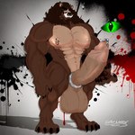 anthro balls big_pecs big_penis bodily_fluids brown_body brown_hair claws erection facial_piercing fangs fur genital_fluids genitals green_eyes hair huge_penis hyper hyper_genitalia hyper_penis male muscular muscular_anthro muscular_male nipples nose_piercing nude pecs penis piercing sharp_teeth simple_background size_difference smile solo teeth thick_thighs vains artslionbear dillon_saenz bear humanoid hybrid mammal ursine 1:1 digital_media_(artwork) hi_res model_sheet