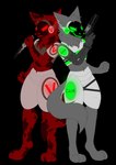 alpha_channel anthro barefoot biped c.a.m. camo camo_fur camo_print canid canine canis cybernetic_arm cybernetic_hand cybernetic_limb cybernetics digital_drawing_(artwork) digital_media_(artwork) digitigrade duo feet fingers flat_colors fluffy fluffy_ears fluffy_tail fur glowing glowing_body glowing_eyes green_body green_eyes grey_body grey_fur gun hair handgun holding_object holding_ranged_weapon holding_weapon jackal knife kytcrafts machine male male/male mammal metal metallic_body military mr._v neck_tuft prosthetic prosthetic_arm prosthetic_hand prosthetic_limb protogen protogen_armor protogen_face protogen_visor protogenized ranged_weapon red_body red_eyes red_fur red_hair revolver robotic robotic_arm robotic_hand robotic_limb screen screen_face simple_background smile special_forces standing tail toes transparent_background tuft weapon yuri_chacal