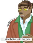 alcohol anthro beverage brown_hair clothed clothing container cup dress_shirt glowing glowing_eyes hair humor jacket looking_down male mature_anthro mature_male shirt simple_background slicked_back_hair smile solo text topwear yellow_eyes zer0rebel4 brandon_(zer0rebel4) alien aviarian_wolf canid canine mammal marsupial unknown_species absurd_res digital_media_(artwork) english_text hi_res meme reaction_image maleherm_(lore)