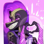 anthro bottomless clothed clothing dark_body fingers gesture hair heart_gesture heart_symbol hoodie hoodie_only looking_at_viewer male markings purple_clothing purple_eyes purple_hair purple_hoodie purple_topwear scales sharp_teeth simple_background smile teeth topwear topwear_only frozenartifice reptile scalie 1:1 2024 digital_media_(artwork) hi_res