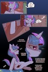 2024 2:3 anthro bangs bed braided_hair cold-blooded-twilight comic cutie_mark dialogue duo english_text equid equine eyelashes eyes_closed female friendship_is_magic furniture hair hasbro hi_res hooves horn long_hair mammal motion_lines my_little_pony mythological_creature mythological_equine mythology onomatopoeia pinkie_pie_(mlp) purple_body purple_eyes purple_hair question_mark sitting sound_effects speech_bubble text twilight_sparkle_(mlp) unicorn