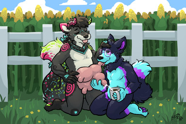 anthro beverage black_body black_fur black_hair bodily_fluids breast_grab breast_milking breastfeeding breasts cloud coffee coffee_mug constellation_markings container corn cornfield cup duo eyes_closed eyewear farm fence flower food fur glasses grass grey_body grey_fur hair hand_on_breast hand_on_hip headpat holding_container holding_cup holding_mug holding_object kerchief kneeling lactating looking_at_another looking_at_partner male male/male male_lactation mug pawpads paws pink_spots plant purple_body purple_eyes purple_fur raised_tail sky spiral_pattern spots star_pattern tail teats tongue tongue_out udders white_body white_fur yellow_spots conditional_dnp makowadibuja canid canine canis domestic_dog mammal wolf 3:2 hi_res