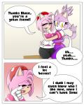 anthro big_eyes breasts clothed clothing dialogue duo eyes_closed female female/female fur gloves hair handwear pink_body pink_fur pink_hair purple_body purple_fur simple_background text toony yellow_eyes sandunky sega sonic_the_hedgehog_(series) amy_rose blaze_the_cat domestic_cat eulipotyphlan felid feline felis hedgehog mammal 4:5 absurd_res comic english_text hi_res