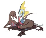 coiling duo eye_contact looking_at_another multicolored_body narrowed_eyes open_mouth pupils simple_background sitting slit_pupils smile white_background yellow_eyes ssalbulre nintendo pokemon generation_7_pokemon generation_8_pokemon inteleon pokemon_(species) salazzle 2021 6:5