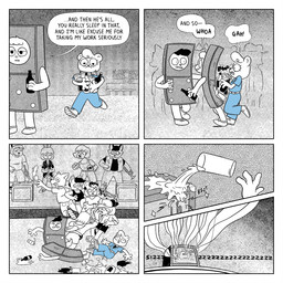 4_panel_comic alcohol ambiguous_gender amplifier anthro backwards_baseball_cap backwards_hat bar bar_stool baseball_cap beer beer_bottle beer_glass belt beverage beverage_can biped black_bottomwear black_clothing black_hair black_shorts blue_jumpsuit bottle bottomwear brass_instrument canned_drink clothing container cup denim denim_bottomwear denim_clothing derp_eyes dialogue drinking_glass dropping_beverage eye_bags female feral floppy_ears furniture glass glass_container glass_cup grimace group hair hat head_tuft headgear headwear holding_beverage holding_object hoodie jacket jeans leather leather_clothing leather_jacket leather_topwear low_cut_shirt magic_smoke male mascot_costume musical_instrument open_mouth pants pint_glass shirt shorts smoke solo sound_effects sparks speech_bubble spilling_drink stagecanine stool t-shirt tank_top text topwear trio trumpet tuft undercut white_belt wind_instrument horseonvhs jeanie_jacobs_(horseonvhs) ambiguous_species felid feline lagomorph mammal 1:1 comic english_text halftone restricted_palette