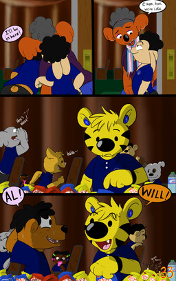anthro auditorium bodily_fluids chips_(food) dialogue duo earbuds electronics female food freckled_face freckles group headphones looking_at_another male nervous raised_arm running school scratching_head slightly_chubby slightly_chubby_male snack_food student sweat teacher text young sandune willie_and_michael alfred_tiger michael_williamson willie_munk bear canid canine canis domestic_cat domestic_dog elephantid felid feline felis koala lagomorph leporid mammal marsupial pantherine proboscidean rabbit tiger vombatiform comic handwritten_text hi_res trans_(lore) trans_woman_(lore)