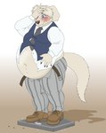 5_fingers anthro belly big_belly black_nose bloated blue_eyes blush bottomwear clothed clothing fingers footwear fur huge_belly male navel necktie obese obese_male overweight overweight_male pants shirt shoes solo tail topwear vest weighing_scale white_body white_fur fondoffrogs beastars collot_(beastars) canid canine canis domestic_dog herding_dog mammal old_english_sheepdog pastoral_dog sheepdog absurd_res hi_res