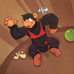 abs anthro balls biceps black_body black_fur bottomless bottomless_male clothed clothing dialogue food fruit fur genitals humanoid_genitalia humanoid_penis male melon muscular muscular_anthro muscular_male pecs penis plant shirt solo speech_bubble tangerine_(fruit) tank_top text topwear argon_vile banjo-kazooie rareware conga_(banjo-kazooie) ape gorilla haplorhine mammal primate 1:1 english_text hi_res