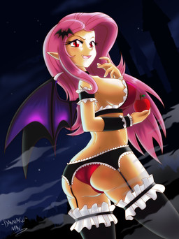 5_fingers accessory alternate_species apple armwear bat_wings big_breasts bra breasts building butt castle clothed clothing cutie_mark dark eyebrows eyelashes fangs female fingers fog food fruit garter_belt garter_straps hair hair_accessory hairclip holding_food holding_object humanoid_pointy_ears legwear lingerie long_hair looking_back membrane_(anatomy) membranous_wings night not_furry open_mouth open_smile outside panties pink_hair plant pointy_ears pupils rear_view red_eyes side_boob sky slit_pupils smile solo standing star starry_sky stockings teeth thigh_highs tongue underwear wings danmakuman friendship_is_magic hasbro my_little_pony flutterbat_(mlp) fluttershy_(mlp) humanoid vampire winged_humanoid 2017 absurd_res hi_res portrait signature three-quarter_portrait