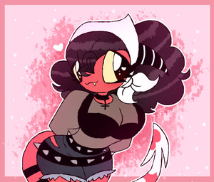 belt big_eyes black_hair bottomwear bra breasts cleavage clothed clothing denim denim_bottomwear denim_clothing denim_shorts fangs female hair hands_behind_back heart_catchlight heart_symbol horn inverted_cross_necklace kerchief leaning leaning_forward legs_together nervous nervous_smile not_furry pink_frame red_body red_skin shirt shorts simple_background solo spade_tail spiked_belt spikes tail teeth topwear translucent translucent_clothing translucent_shirt translucent_topwear underwear wide_hips yellow_sclera cyrilwolff hellaverse helluva_boss kendra_(helluva_boss) demon humanoid imp 2026 hi_res portrait three-quarter_portrait
