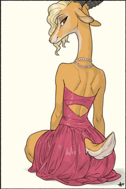 anthro bedroom_eyes big_butt biped blonde_hair brown_eyes butt clothing dress female female_anthro fur hair horn jewelry long_neck looking_at_viewer looking_back looking_back_at_viewer narrowed_eyes necklace open_back_dress rear_view red_clothing red_dress seductive simple_background sitting smile smiling_at_viewer solo tail tan_body tan_fur white_background wide_hips hot-coco disney zootopia gazelle_(zootopia) antelope bovid gazelle mammal 2026 digital_media_(artwork) hi_res signature
