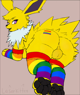 arm_warmers armwear backsack balls big_butt border butt clothed clothed_feral clothing femboy feral fur genitals grey_border legwear lgbt_pride lying makeup male multicolored_clothing on_front pawpads paws pride_color_clothing pride_colors purple_eyes rainbow_clothing rainbow_pride_colors rear_view solo super_gay thick_thighs thigh_highs white_body white_fur yellow_body yellow_fur laserkitten nintendo pokemon aiden_(abadmemexd1) eeveelution generation_1_pokemon jolteon pokemon_(species) hi_res