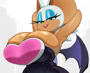 anthro armpit_fetish big_breasts biped blue_eyeshadow bodily_fluids bodysuit breasts clothed clothing detailed_armpit eyeshadow female glistening glistening_armpit glistening_arms glistening_body glistening_breasts glistening_eyeshadow glistening_lips glistening_skin huge_breasts lips lipstick looking_at_viewer looking_down looking_down_at_viewer low-angle_view makeup narrowed_eyes red_lips red_lipstick skinsuit smile solo sweat sweatdrop sweaty_breasts tight_clothing wings grimy291 sega sonic_the_hedgehog_(series) rouge_the_bat bat mammal 2026 half-length_portrait portrait