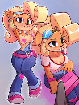 anthro bodily_fluids breasts bulge cleavage clothed clothing computer duo electronics erect_nipples eyewear eyewear_on_head female floppy_breasts footwear genital_fluids goggles goggles_on_head green_eyes laptop leaking_precum looking_at_viewer looking_up medium_breasts nipples overalls overalls_only pasties precum raised_arms seductive shirt shoes smile sneakers solo sweat t-shirt topwear crossowbi activision crash_bandicoot_(series) coco_bandicoot bandicoot mammal marsupial 3:4 absurd_res hi_res