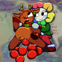 accessory anthro anus balls belly big_belly bodily_fluids bottomwear brown_body brown_fur butt christmas_clothing christmas_decorations christmas_ornament clothed clothing dialogue duo flaccid flower footwear forced foreskin freckled_face freckles fur genital_fluids genitals hair hair_accessory holiday_clothing holiday_dressed holidays holly_(plant) horn humanoid_genitalia humanoid_penis improvised_sex_toy male mostly_nude multicolored_body multicolored_fur object_in_ass object_insertion ornament pain pants penis petals photo_background plant precum questionable_consent rape red_nose scarf screaming sex shoes suffering text white_body yoshreveluv blushcrunch_studio christmas dandy's_world roblox dandy_(dandy's_world) rudie_(dandy's_world) animate_inanimate deer elemental_creature flora_fauna flower_creature humanoid mammal new_world_deer reindeer toon_(dandy's_world) digital_drawing_(artwork) digital_media_(artwork) mixed_media photography_(artwork) shaded