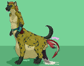 abdominal_bulge almost_fully_inside ambiguous_gender ambiguous_prey anal anal_foot_gulp anal_tail_gulp anal_vore anus balls belly big_belly big_penis blue_eyes bodily_fluids claws cum cum_on_ground duo erection fur genital_fluids genitals green_background hair head_first huge_penis looking_pleasured male male_pred male_taur markings penis red_body red_scales scales simple_background spade_tail spots spotted_body spotted_fur tail tan_body tan_fur taur_pred tongue tongue_out vore strega manak hyena mammal taur hi_res