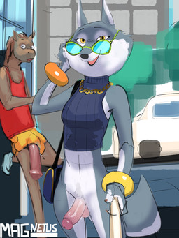 animal_genitalia animal_penis anthro biped bottomless bottomless_anthro bottomless_gynomorph bottomless_intersex chain clothed clothing crossgender duo equine_genitalia equine_penis erection exhibitionism eyewear ftg_crossgender fti_crossgender fur genitals gold_(metal) gold_chain gynomorph gynomorph_anthro handbag humanoid_genitalia humanoid_penis intersex intersex_anthro male penis penis_poking_out penis_through_leghole public public_exposure selfie_stick shirt sunglasses surprised sweater sweater_vest tank_top topwear vest white_body white_fur wide_eyed yellow_eyes magnetus illumination_entertainment sing_(movie) porsha_crystal canid canine canis equid equine horse mammal wolf 2026 3:4 digital_media_(artwork) hi_res