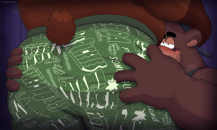 anthro big_butt blush bodily_fluids butt butt_grab clothing duo fellatio grabbing_head hand_on_butt irrumatio male male/male obscured_fellatio obscured_oral oral penile penis_in_mouth saliva sex slightly_chubby sweat text text_on_clothing underwear tombutad benny_(bennyafterdark) tomoso bear mammal absurd_res hi_res