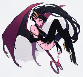 accessory alcohol armwear bellemere_(cookiehana) beverage black_clothing boots breasts claws clothing container cup drinking_glass elbow_gloves female flying footwear glass glass_container glass_cup gloves gold_trim hair hair_accessory hairband handwear high_heeled_boots high_heels hovering legwear long_hair looking_at_viewer membrane_(anatomy) membranous_wings pink_body pink_skin pointy_ears purple_wings red_eyes shoes side_boob simple_background slim small_waist solo thigh_boots thigh_highs white_background wine wine_glass wing_claws wings hanaface demon succubus watermark