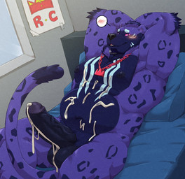 after_orgasm anthro arm_tuft balls bed bed_sheet bedding bedroom belly biceps big_belly bodily_fluids cum cum_drip cum_on_balls cum_on_belly cum_on_body cum_on_chest cum_on_penis dripping elbow_tuft erection facial_hair furniture genital_fluids genitals goatee grin half-closed_eyes hands_behind_head jewelry looking_at_viewer lying male manly moobs musclegut muscular narrowed_eyes navel necklace necklace_only nipples nude on_back on_bed penis pillow pink_eyes pubes reclining smile solo thick_thighs triceps tuft vein veiny_penis window jumperbear felid feline mammal 2024 hi_res