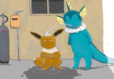 ambiguous_gender black_eyes blue_body blue_skin blue_tail bodily_fluids brown_body brown_fur duo ear_frill feral frill_(anatomy) fur membrane_(anatomy) membranous_frill neck_tuft open_mouth outside tail text tuft water wet window geboku nintendo pokemon ibe_(geboku) shimizu_(geboku) eevee eeveelution generation_1_pokemon mammal pokemon_(species) vaporeon 2020 digital_media_(artwork) hi_res japanese_text male_(lore)