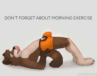 anthro arched_back blue_eyes briefs bulge clothing exercise genitals half-erect male penis simple_background solo text tongue underwear white_background katarhein kan canid canine canis domestic_dog mammal english_text