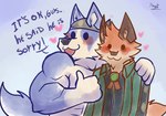 anthro barazoku blue_body blue_fur blush clothed clothing dialogue duo fur hug hugging_another humor male male/male muscular muscular_anthro muscular_male orange_body orange_fur parody romantic romantic_couple pinumontbalou kemo_coliseum lambert_(kemo_coliseum) volga_(kemo_coliseum) canid canine canis domestic_dog fox husky mammal nordic_sled_dog spitz hi_res meme