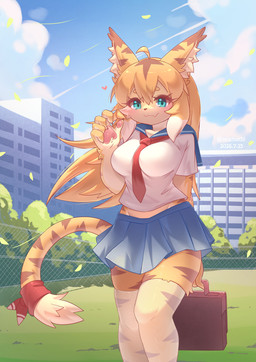 anthro blonde_hair clothing female green_eyes hair school school_uniform sex_toy solo student uniform yellow_body lalamedli cygames world_flipper mia_(world_flipper) felid mammal pantherine tiger absurd_res hi_res