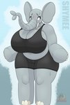 anthro belly big_belly big_breasts big_ears big_feet big_hands black_clothing black_shirt black_tank_top black_topwear blue_eyes blush blush_lines bodily_fluids body_blush bottomwear breasts butt camel_toe clothed clothing deep_navel elephant_toe_hands elephant_toes feet female grey_body hairless hotpants huge_breasts larger_female looking_away mouthless nails navel nervous nervous_sweat overweight overweight_anthro overweight_female proboscis_(anatomy) shirt shorts shy simple_background size_difference slightly_chubby slightly_chubby_female solo sweat sweaty_face tall tank_top text thick_arms thick_thighs tight_clothing topwear trunk trunk_(anatomy) tusks wide_hips pawronik shymee_(pawronik) elephant elephantid mammal proboscidean absurd_res hi_res