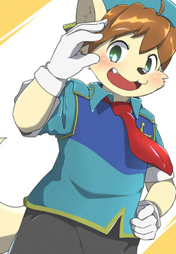 anthro clothing dutch_angle fangs female gesture gloves green_eyes handwear hat headgear headwear kemono looking_at_viewer male necktie open_mouth red_necktie salute sheriff_badge simple_background solo teeth white_clothing white_gloves white_handwear young young_female young_male kemoizumi cyberconnect2 little_tail_bronx tail_concerto waffle_ryebread canid canine caninu canis domestic_dog mammal 2024 half-length_portrait hi_res japanese_description portrait