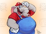 anthro blue_eyes blush clothing facial_hair gloves handwear hat headgear headwear male mustache one_eye_closed overalls overweight overweight_male solo tipping_hat trunk wink debudraws mario_bros nintendo super_mario_bros_wonder elephant_mario mario elephant elephantid mammal proboscidean hi_res