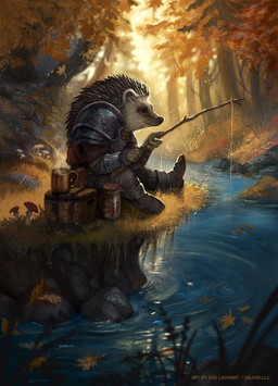 anthro armor autumn beverage boots bottomwear brown_body brown_fur clothing container cup detailed_background fishing fishing_rod footwear forest fungus fur grass hot_beverage leaf male mug mushroom outside pants pauldron plant river shoes sitting smile solo tree water whiskers valkiri eulipotyphlan hedgehog mammal digital_media_(artwork) hi_res