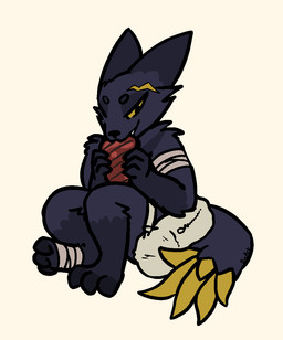 anthro bandage bandaged_arm bandaged_foot beef blood bodily_fluids colored_blood dipstick_tail duffel_bag eating eating_food facial_scar food gauze half-closed_eyes happy male markings meat narrowed_eyes scar smile solo steak steak_in_mouth tail tail_markings unusual_blood unusual_bodily_fluids wounded yellow_blood bizart scav_prototype canid canine experiment_(scav_prototype) mammal aliasing digital_media_(artwork)