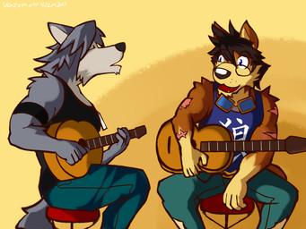 acoustic_guitar anthro bottomwear clothing duo guitar musical_instrument pants playing_guitar playing_music plucked_string_instrument shirt sitting string_instrument tank_top text topwear ventkazemaru morenatsu kouya_aotsuki canid canine canis domestic_dog husky mammal nordic_sled_dog spitz 4:3