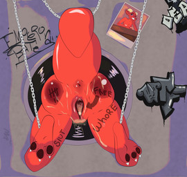 anthro bodily_fluids body_writing bound breasts butt chain chained cum cum_in_vagina cum_inside female genital_fluids genitals hole_in_wall solo sweat sweatdrop tail tally_marks text text_on_body vaginal_fluids vulva western_tally_marks wet writing_on_butt xanthraxe mythology dragon mythological_creature mythological_scalie scalie absurd_res hi_res