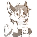 :3 ambiguous_gender anthro band-aid bandage beady_eyes bendy_straw beverage chibi drinking drinking_straw freckles fur gloves_(marking) hair holding_beverage holding_object juice_box markings smile solo text ruth66 cassidy_(ruth66) canid canine fox mammal 1:1 2024 english_text monochrome