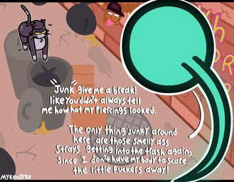 alley bandage bandaged_tail dark_body dark_fur female feral fur male text trash trash_can whiskers conditional_dnp mykendyke stray_(mykendyke) arthropod felid feline fly_(animal) ghost insect mammal spirit absurd_res english_text hi_res