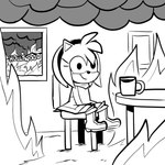 anthro container cup female fire hollywood_sign mug sitting smile smoke solo lettuce_(artist) sega sonic_the_hedgehog_(series) this_is_fine amy_rose eulipotyphlan hedgehog mammal 1:1 2025 hi_res monochrome