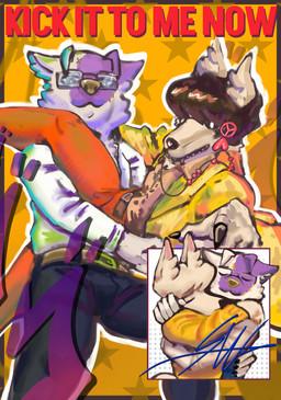 anthro black_nails clothing colored_nails duo eyewear facial_scar fur glasses hug jewelry jojo_pose male male/male nails necklace pose scar wearing_glasses white_body white_fur deaf_cake jojo's_bizarre_adventure menacing_(meme) steel_ball_run kirou_(kirou) viktor_(deafcake) canid canine fox mammal hi_res meme